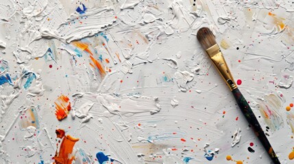 Obraz premium A lone paintbrush rests on the edge of a large, white canvas, with colorful splatters hinting at the creative possibilities.