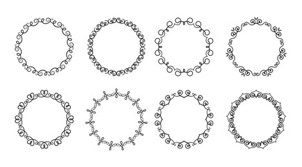 Vintage style frames, round and decor flat vector elements set. Circle borders with swirls and curves elegant design collection on white