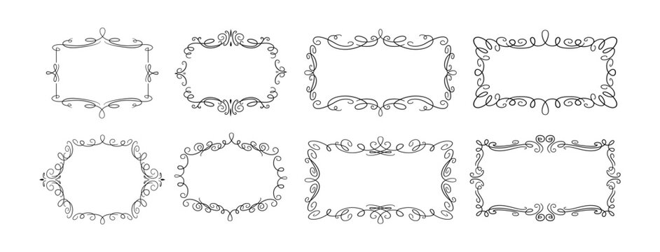 Vintage style frames, corners and decor flat vector elements set. Borders with swirls and curves elegant design collection on white