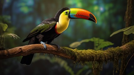Naklejka premium Vibrant Toucan Perched in Lush Rainforest - Exotic Bird with Colorful Beak Amid Green Foliage and Playful Expression