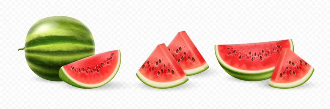 Realistic 3D watermelon. Set of whole, slice, piece of watermelon isolated on transparent background.
