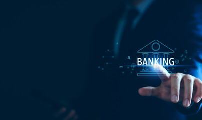 Businessman touch banking network connection. Digital online marketing. Finance and banking networking. Fintech, Financial innovation technology, digital marketing, smart analyzing solution