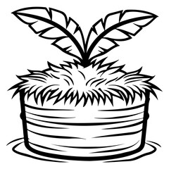 Black and white illustration of a potted plant with two large leaves emerging from a round pot.