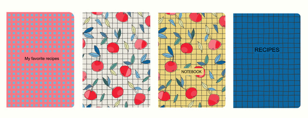 Cover page vector templates for recipe books based on seamless patterns with hand drawn fruits, vegetables, kitchen utensils Healthy fruit, vegan food concept