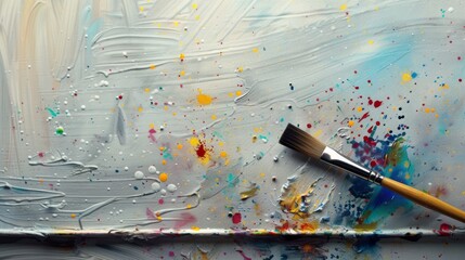 A lone paintbrush rests on the edge of a large, white canvas, with colorful splatters hinting at the creative possibilities.