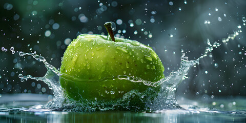 Fresh Green Apple Splashed with Water Droplets on a Blue Background Vibrant Healthy Eating Concept.A green apple in water.
