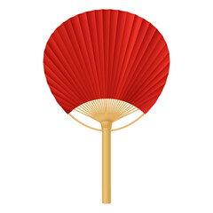 Asian fan of red paper and bamboo realistic vector illustration. Traditional handheld air blowing accessory 3d object on white background © ApoevArt