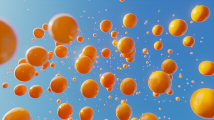 Levitating Orange balls in the air against a blue background
