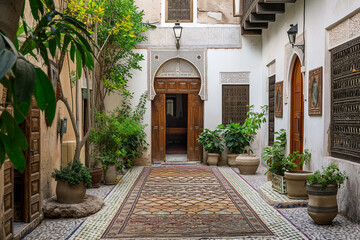 A two-floor modern Arab Moroccan Riad House with mosaik walls and floor, sofas / the typical furniture in North Africa, Morocco, Fes, Marrakesh, Casablanca	