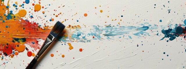 A lone paintbrush rests on the edge of a large, white canvas, with colorful splatters hinting at the creative possibilities.