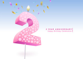 Pastel colored candle number 2. 2nd birthday celebration symbol. Featured on a background of sprinkling ribbons. Use for birthdays, weddings, company anniversaries. Vector illustration file.