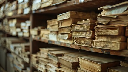 Fototapeta premium Old Books on Wooden Shelves in a Library