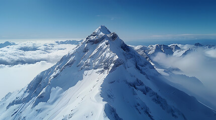 A photo featuring the snow-covered peaks of the Italian Alps captured from an aerial perspective with a drone. Highlighting the pristine white slopes and rugged mountain terrain, while surrounded by a