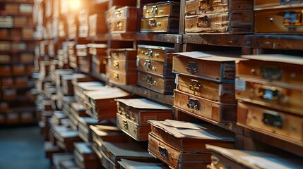 Obraz premium Rows of Wooden File Boxes in Sunlit Archive