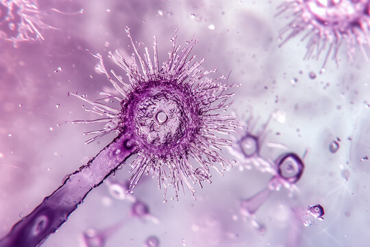 Detailed close-up of a purple virus particle. Generative AI image