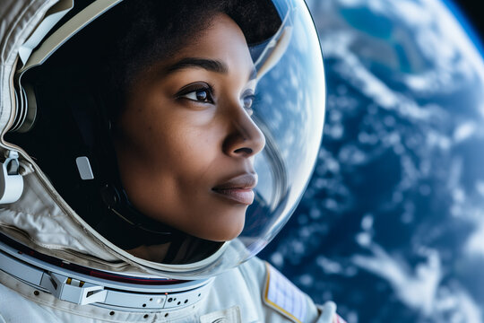 Female astronaut gazes at Earth from space. Generative AI image