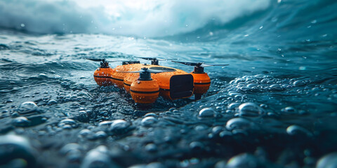 Fototapeta premium Orange waterproof drone navigating rough ocean waves, showcasing its durability and advanced technology for water-related activities. World Ocean Day.