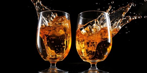 Two beer glasses clinking with liquid splashing on black background, isolated and vibrant. Concept Beer Glasses, Clinking, Liquid Splash, Black Background, Vibrant