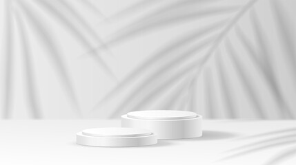 Mockup stage with palm branch shadow realistic vector illustration. Empty showcase. Product presentation podium 3d object on white background