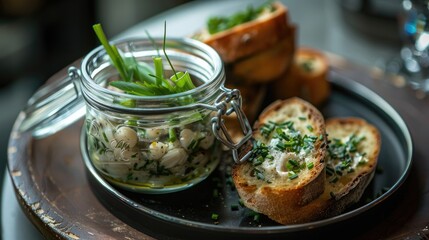 Smoked sprats with chive and bread served from a jar