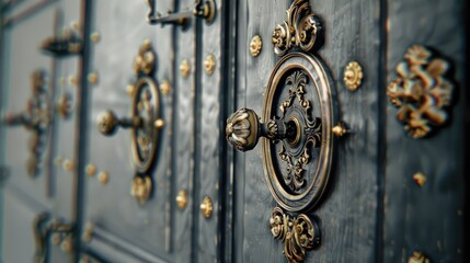 a classic concept art piece featuring intricate iron fittings embellished with gold accents, set against a sophisticated gray background, evoking the timeless elegance of a bygone era.