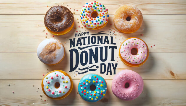 Celebrate National Donut or doughnut day, sweet retreat snack, happiness through dessert party, dairy bakery food for life event