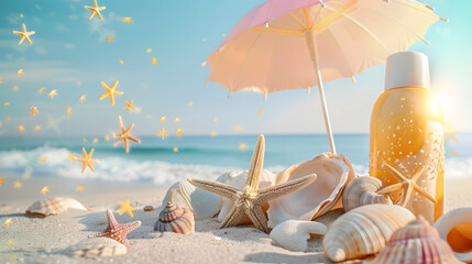 A tranquil summer beach scene with starfish, seashells, beach umbrella, and sunscreen, perfect for vacation or leisure concepts.