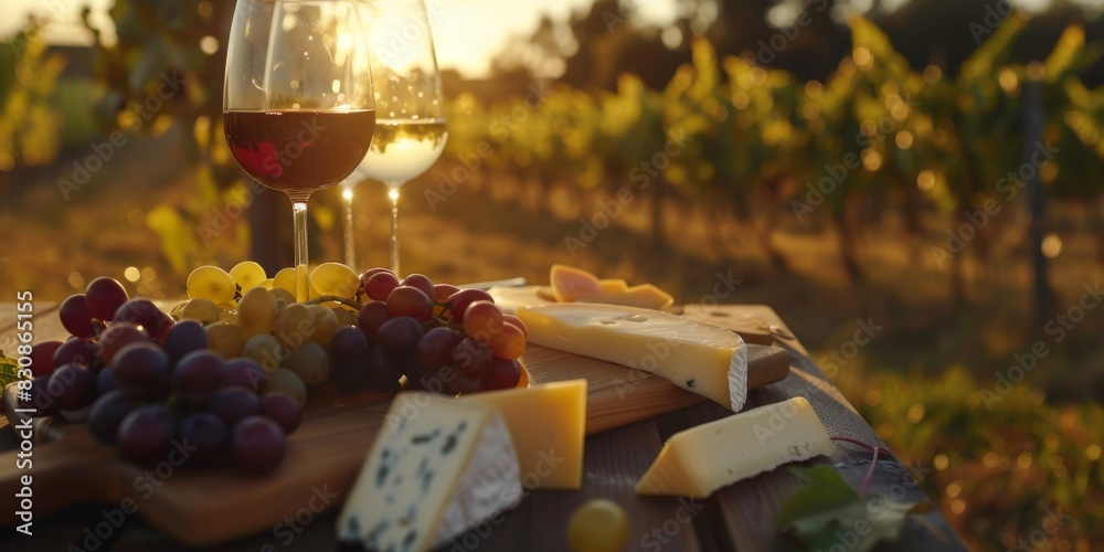 Wall mural Elegant wine tasting setup in an old vineyard, with glasses of red and white wine, grapes, and aged cheeses on a wooden table, bathed in the golden hour light, ai generated - Wall murals