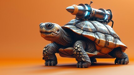 A turtle with a rocket pack strapped to its shell on an orange background
