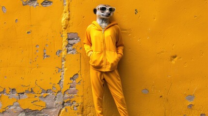 a meerkat dressed in a tracksuit, sporting an exquisite outfit as it stands confidently on both legs, showcasing a delightful blend of whimsy and style.