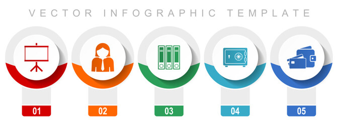 Seminar icon set, miscellaneous vector icons such as board, woman, archive, safe and money, modern design infographic template, web buttons in 5 color options