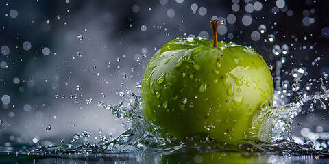 Green apple with water drops on the side.
Flying Food Photography Of Apple Slice And Coconut Chunk As The Main Subjects Splashes Of Salt.
