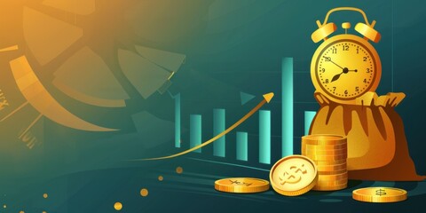 Business concept background with rising bar chart, gold coins, and coin bag. Elegant banner in vibrant emerald with dynamic golden lighting. Time and financial management for long-term Investments