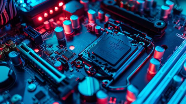 A computer monitor with a blue background and a black computer case