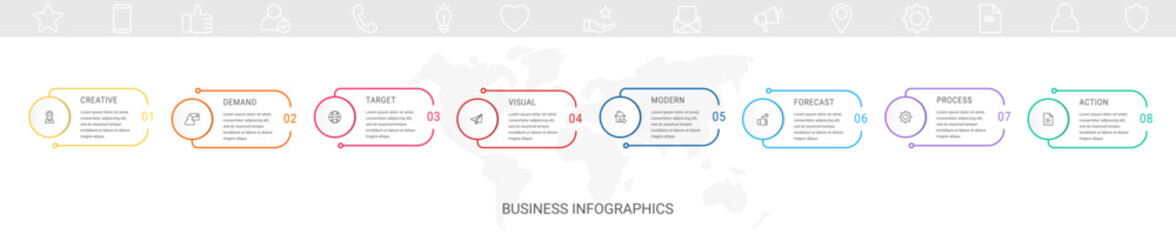 Vector line infographics with 8 circles. Business concept graphic process template with eight steps. Graphic timeline for app, website, interface, chart, levels, web, diagram, banner, presentations
