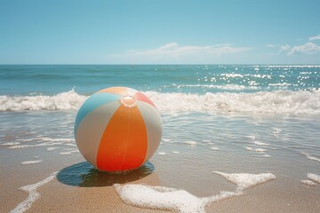 Colorful beach ball lying on the white sand of an empty tropical sandy shore with gentle waves lapping at its edge under a bright blue sky.