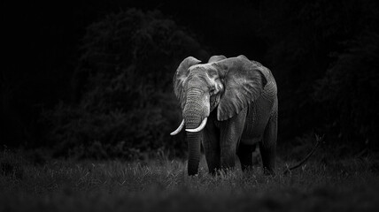 A black and white of an elephant standing in the dark