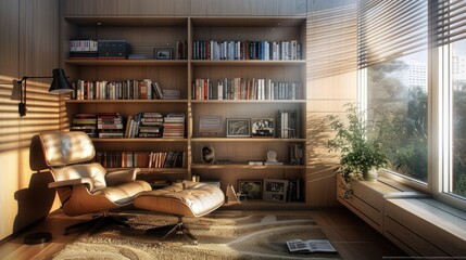 Fototapeta premium minimalist reading nook adorned with a stylish armchair, a sleek modern lamp, and a wall-mounted shelf, a selection of books, inviting you to escape into the world of literature with comfort or style.