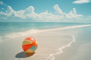 Obraz premium Colorful beach ball lying on the white sand of an empty tropical sandy shore with gentle waves lapping at its edge under a bright blue sky.