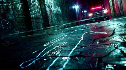 A dark, rainy alley with a chalk outline on wet pavement, police tape, and flashing lights from a nearby police car, indicating a crime scene.