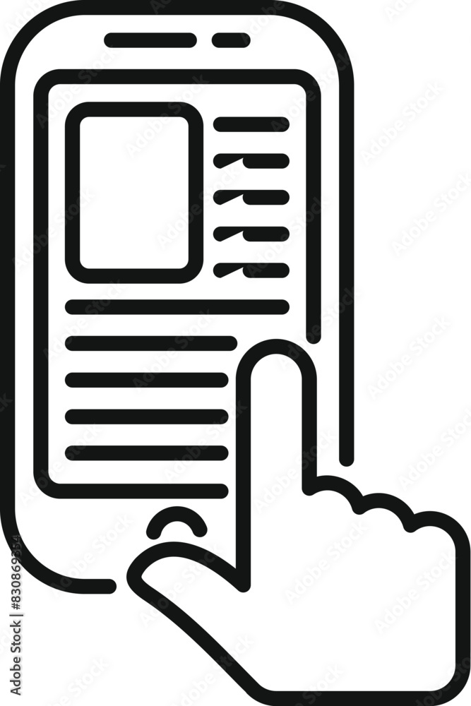 Poster line icon representing a finger tapping on a smartphone screen with a mobile application interface