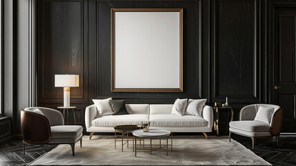 A large blank picture frame hanging on the wall of  living room with black walls