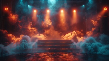 An atmospheric shot of a foggy stage with a powerful red lighting creating a mystical and suspenseful setting