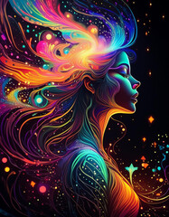woman, girl in meditation with hair silhouette watercolor made of color splash love. Composed of human profile and colorful lines.