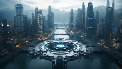 An aerial view of futuristic technologies amidst dystopian scenery, featuring unexpected camera angles to showcase the contrast