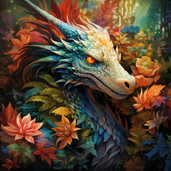 Blue dragon with red eyes surrounded by colorful flowers.