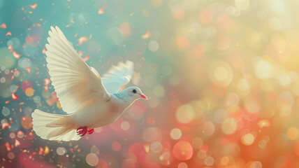 Fototapeta premium Beautiful white dove flying in the air on pastel bokeh background with copy space for text or design. Concept of freedom