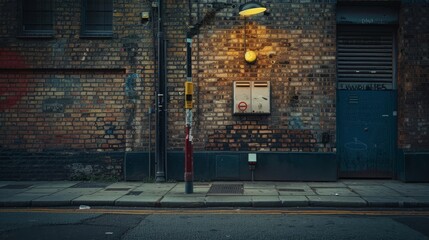 A dark alley with graffiti on the wall and a street light in the background