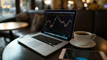 Modern workspace in a coffee shop with laptop showing stock charts and Black Coffee, emphasizing a comfortable environment.