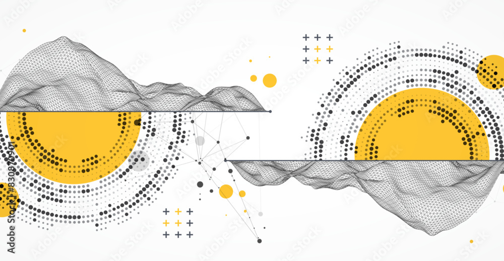 Poster The abstract wave is made in a frame style with half tone element. Template for science and technology presentation. Hand drawn vector art.